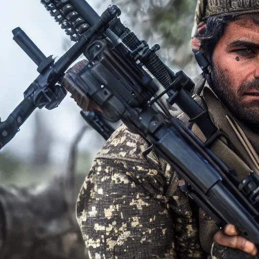 Prompt: kurdish ypg sniper in a movie directed by christopher nolan, movie still frame, promotional image, imax 7 0 mm footage, 8 k uhd