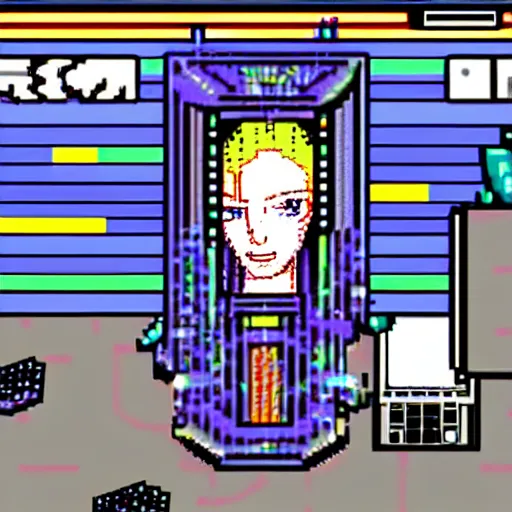 Image similar to Tilda Swinton as a techno DJ in a PC-98 game, 16-bit, visual novel, anime, cyberpunk