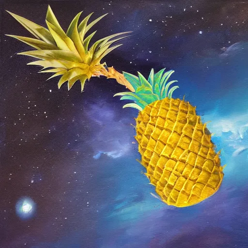 Image similar to a pineapple floating in space, oil painting