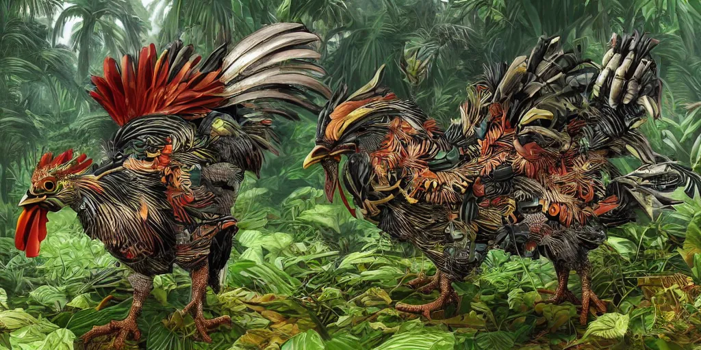 Prompt: fully armoured rooster in a dense jungle, mix of styles, hyper detailed