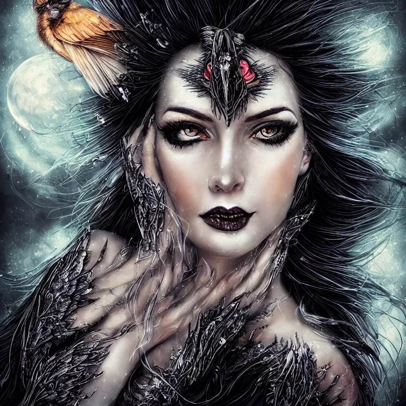 Image similar to close up portrait on the enchanting femenine witch, hyper attractive, seductive, very complex, hyper-maximalist, overdetailed, legendary cinematic, darkfantasy, archetype with timeless beauty breathtaking eyes & glowing wings, collossal moon rising behind her with bird shadows, highly intricate, digital art, very elegant, HDR 8K, biblical art, realism, incomprehensible yet perspicious detail, unbeatable quality, silent hill aesthetic, photorealistic, lifelike, DSLR 8k, unbeatable coherency, Omnious intricate, octane render, created Nixeu & z--ed from deviantart