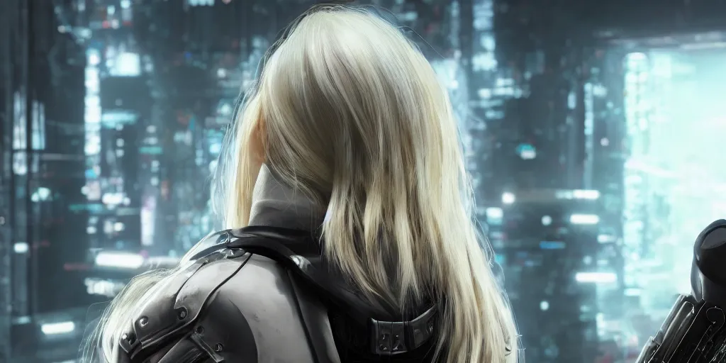 Prompt: closeup of An anonymous blonde guard seen from the back sitting in front of a cyberpunk dystopian desk with matrix falling text cyberpunk, artstation