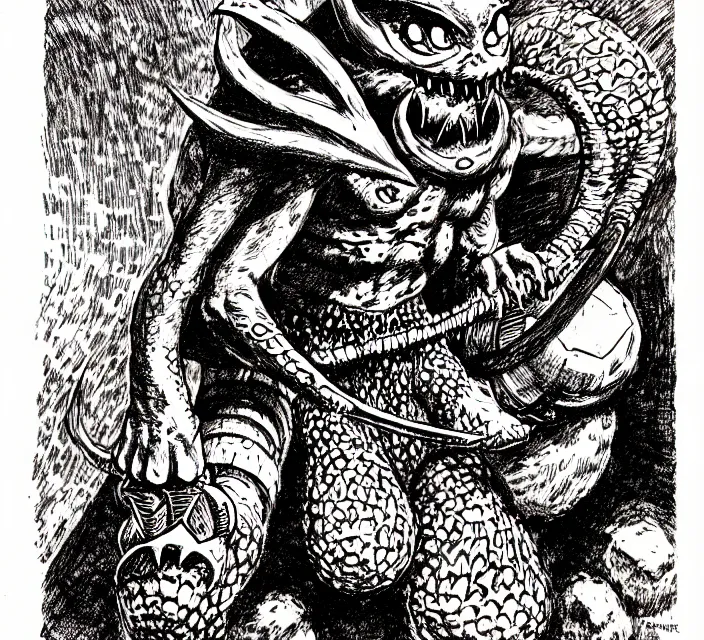 Prompt: an octorok from legend of zelda as a d & d monster, pen - and - ink illustration, etching, by russ nicholson, david a trampier, larry elmore, 1 9 8 1, hq scan, intricate details, high contrast, no background