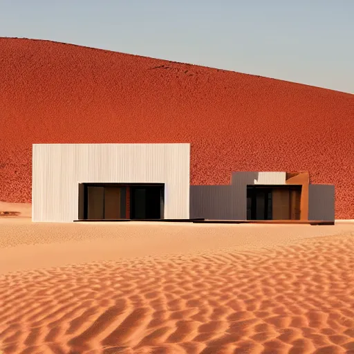 Prompt: A house designed by Norman Foster in the middle of the sahara desert. Film Grain, cinematic. Brown sand. Full color. Magic Hour.