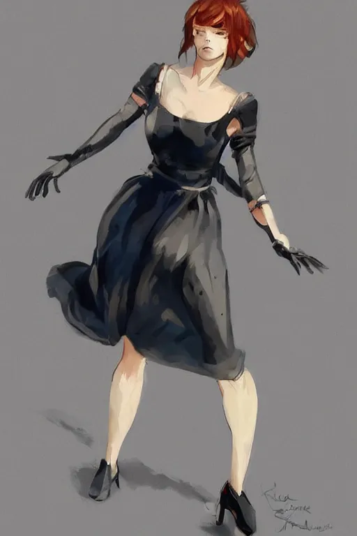 Image similar to beautiful woman with ginger hair and bright blue eyes, black dress, by ilya kuvshinov, krenz cushart, Greg Rutkowski, trending on artstation