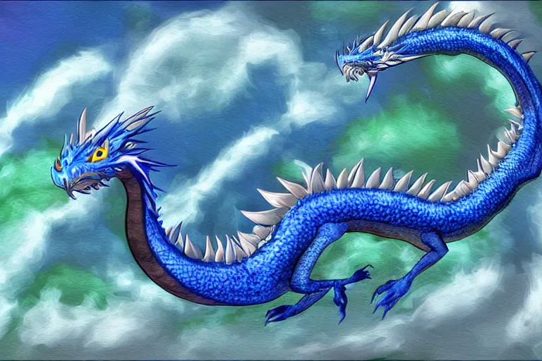 Prompt: a round blue dragon rolling down a green hill, digital art