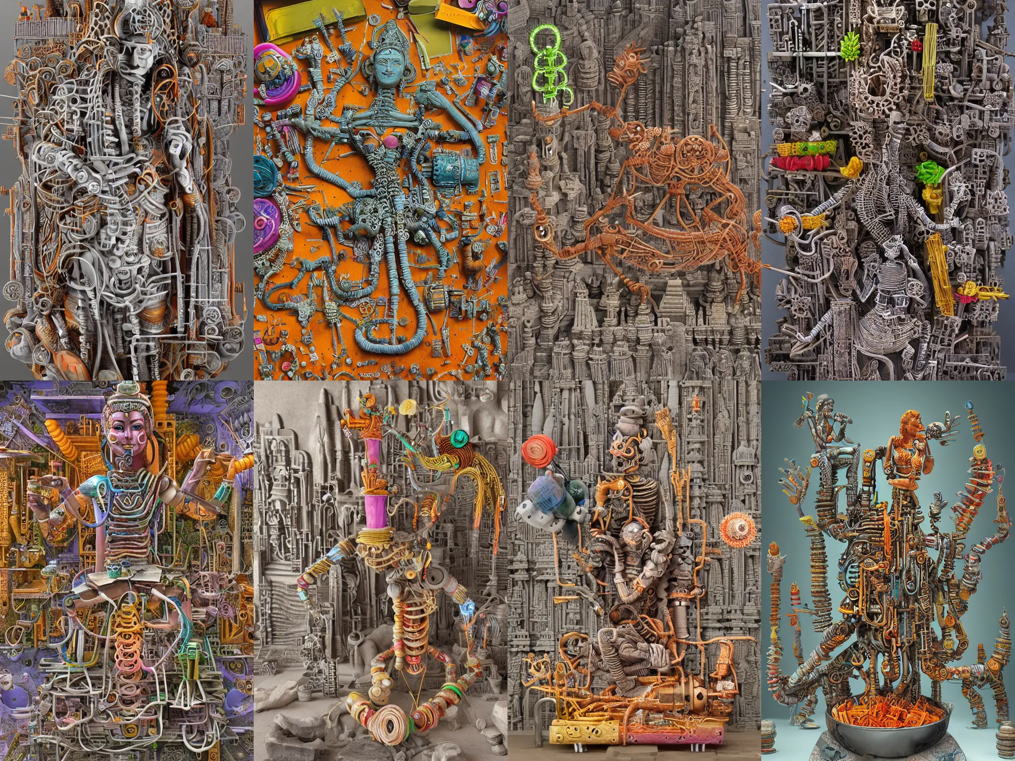 Prompt: at Khajuraho, godes, mdae from matchsticks Shiva, veins, vibrant, xray, flat shaped chrome relief, fossil, MINIATURE CITY, mechanic bionic fungus flower cyberpunk cat mechabot, by david lachapelle, maze, tubes, joints, buttons, gears, relief by Goga Tandashvili, artstation, cgsociety