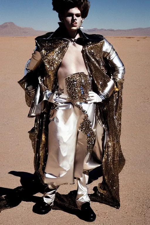 Image similar to portrait davis taylor brown dressed in 1 9 8 1 space fantasy fashion, avante garde, shiny metal, standing in a desert