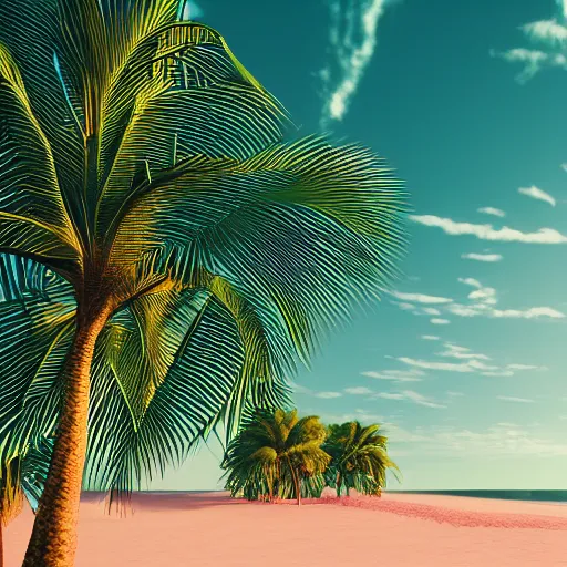 Image similar to palm trees on the beach, green and pink light, by Lagerstedt, Mikko, unreal engine, 4k, 8k