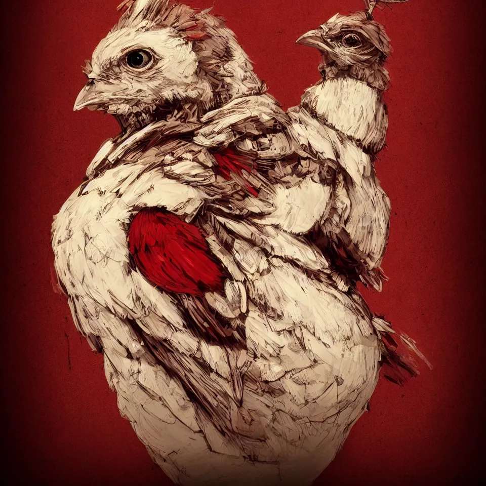Prompt: a detailed concept art steampunk of a bust bird by miguel nogueira, gradient dark red, cream and white color scheme, dynamic lighting, cinematic, epic composition, masterpiece