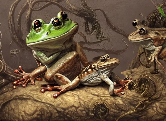 Image similar to frogs and mice, lowbrow, matte painting, 3 - d highly detailed, style of greg simkins r,