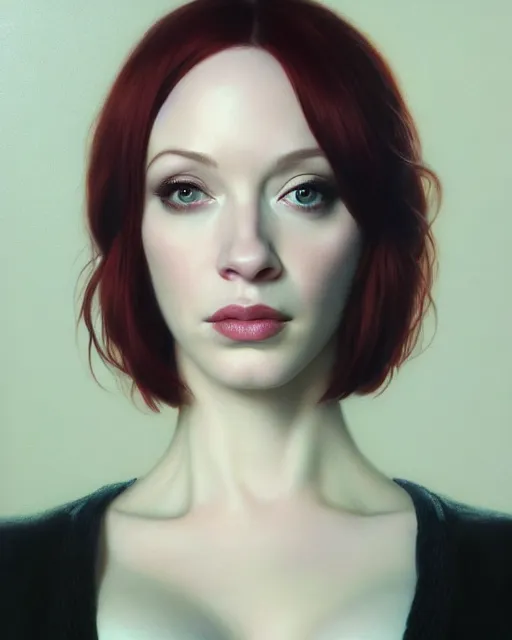 Prompt: sophisticated portrait of young Christina Hendricks starring in ghost in the shell, visible chest and face, fully-centered-photograph, 8k resolution, looking at the camera elegance, highly detailed, shallow depth of field, Artstation, Artgerm, Donato Giancola and Joseph Christian Leyendecker