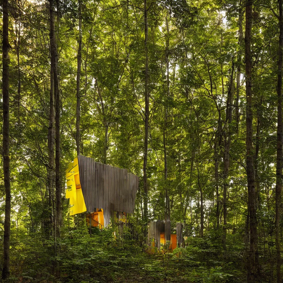 Prompt: a tiny tiny flat house in a light forest clearing, designed by Frank Gehry. Tiles. Film grain, cinematic, yellow hue