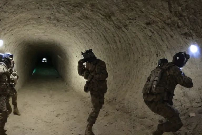 Image similar to gopro footage of a battle between human soldiers and grey aliens with guns in a dark underground tunnel