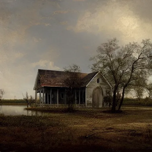 Image similar to 1 9 e century southern gothic scene, old white wooden church in bayou swamps, in louisiana, old painting style lagerstedt, mikko