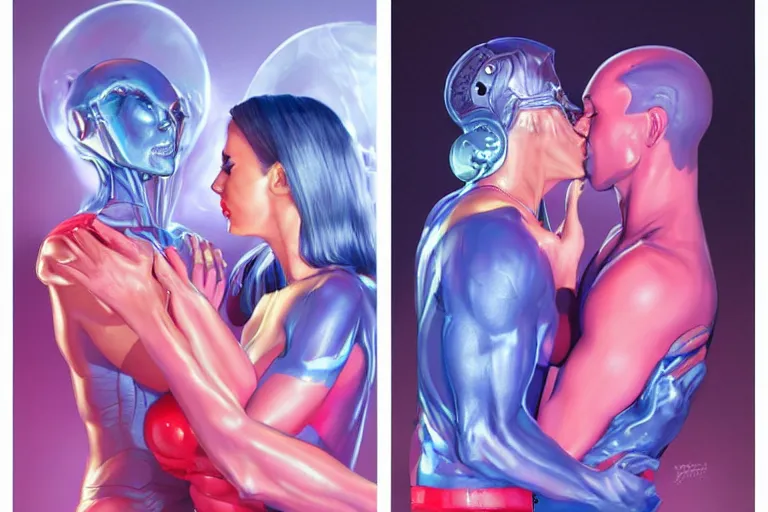 Image similar to an alien woman kisses a man by artgerm, sci - fi, color vibe, reimagined by industrial light and magic