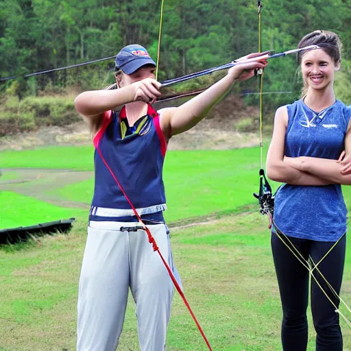 Prompt: realistic, attractive sports woman in archery, pointing his bow, highly detailed