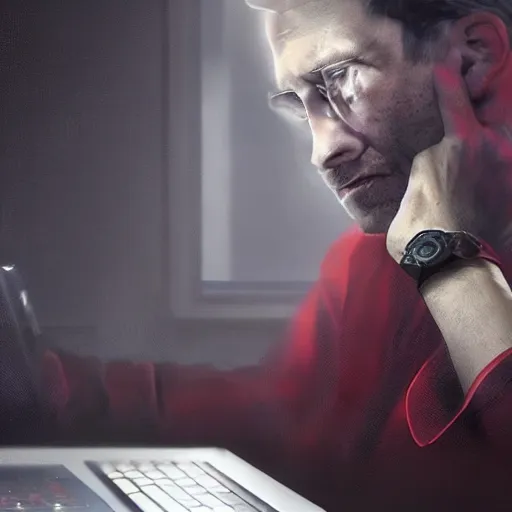 Image similar to a tired red - eyed man working on his computer, realistic, 8 k, extremely detailed, cgi, trending on artstation, hyper - realistic render, by greg rutkowski