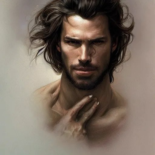 Image similar to portrait of jean baudrillard, soft hair, muscular, half body, leather, d & d, fantasy, intricate, elegant, highly detailed, digital painting, artstation, concept art, smooth, sharp focus, illustration, art by artgerm and greg rutkowski and alphonse mucha