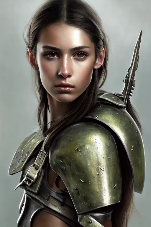 Image similar to a photorealistic painted portrait of an attractive young girl, partially clothed in metal-plated battle armor, olive skin, long dark hair, flawless skin, beautiful bone structure, perfectly symmetric facial features, perfect photorealistic eyes, natural physique, intricate, elegant, digital painting, concept art, finely detailed, beautifully illustrated, sharp focus, minimal artifacts, from Metal Gear, by Ruan Jia and Mandy Jurgens and Artgerm and William-Adolphe Bouguerea, in the style of Greg Rutkowski, trending on Artstation, award winning art