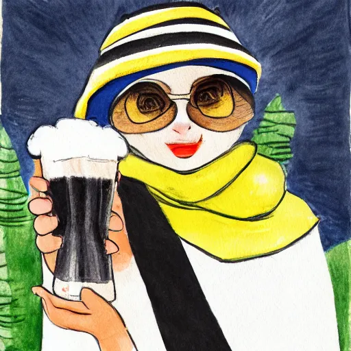 Prompt: a cat wearing a black bucket hat on its head and a scarf around its neck with black and yellow stripes while drinking a beer at an outdoor pub in stockholm, children\'s book drawing watercolor