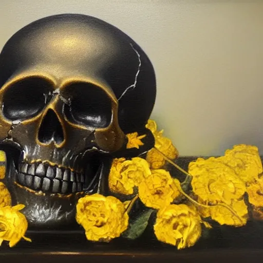 Prompt: a black skull covered in golden flowers, still life, oil painting