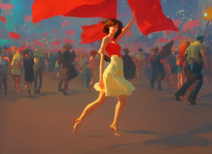 Image similar to gorgeous bright girl waving a red flag over her head running through Mandelbrot fractal crowd by Craig Mullins, ilya kuvshinov, krenz cushart, artgerm trending on artstation by Edward Hopper and Dan Mumford and WLOP and Rutkovsky, Unreal Engine 5, Lumen, Nanite