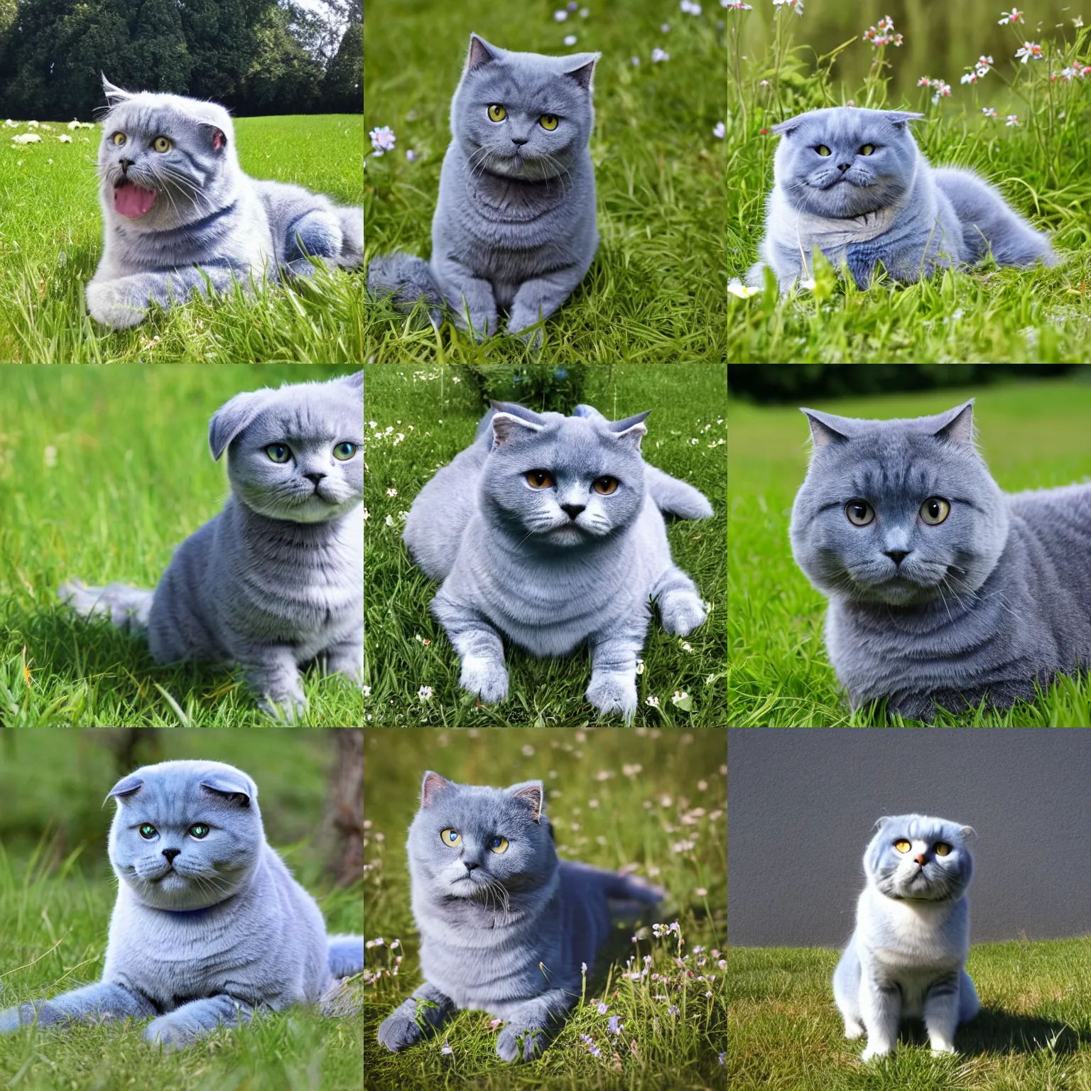 Prompt: blue gray!! scottish fold sitting in the middle of sunny meadow