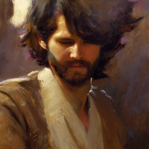 Image similar to a man with a shoulder length haircut, painting by Gaston Bussiere, Craig Mullins