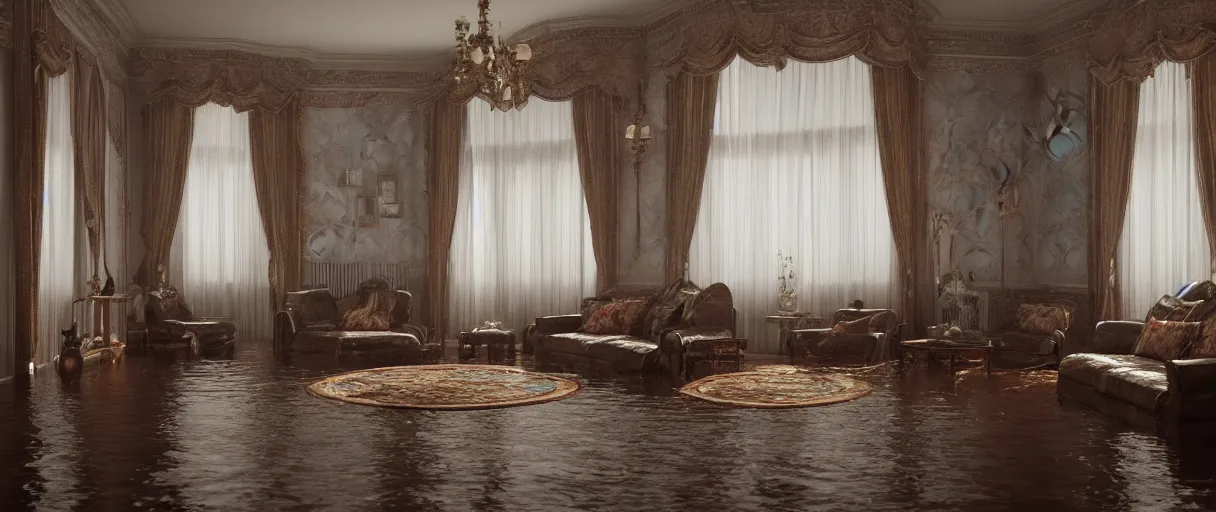 Image similar to decorative empty victorian livingroom flooded with water, octane render, 8k, artstation, concept art, smooth, sharp focus