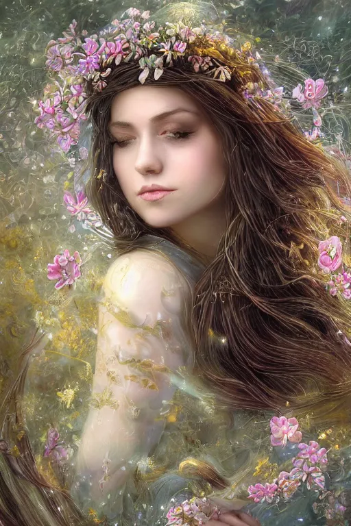 Image similar to elaborately detailed close up portrait of an extremely beautiful girl with long dark hair surrounded by flowers, an eerie mist and ethereal rainbow bubbles, Aetherpunk, high fantasy professionally painted digital art painting, fantasy matte painting movie poster, Art Nouveau, smooth, sharp focus, atmospheric lighting, highly detailed illustration highlights, backlight, golden ratio, 8K detail post-processing, symmetrical facial features, rich deep moody colors, majestic, dark epic fantasy, award winning picture, sense of awe, featured on DeviantArt, trending on cgsociety