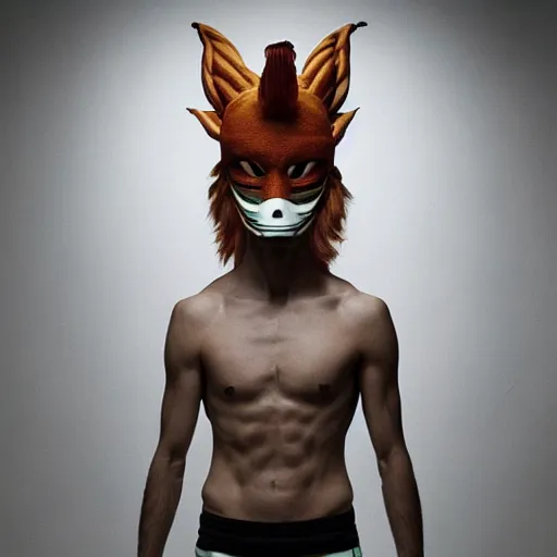 Image similar to an slim athletic beautiful male alien with ombre colored skin wearing a fine arts kitsune mask, photographed by erwin olaf for a fine art gallery