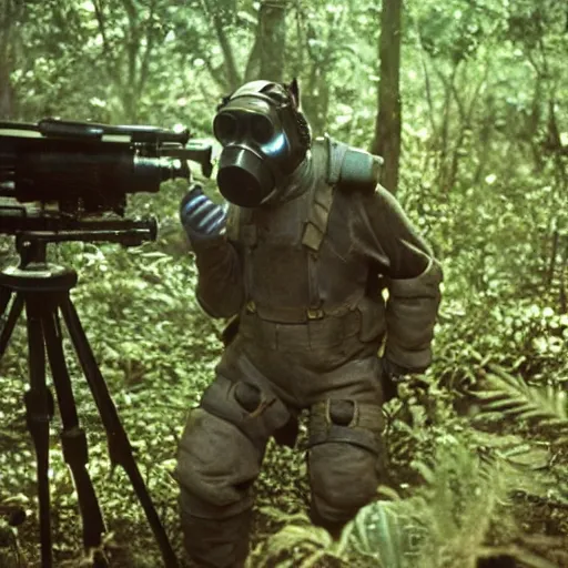 Image similar to a heavily armored man wearing a gasmask, in the jungle, film still, arriflex 3 5