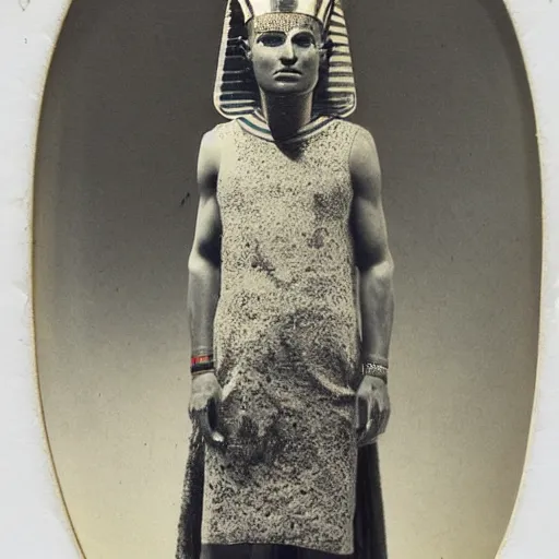 Prompt: A pharaoh from Ancient Egypt wearing an outfit designed by Raf Simons, daguerreotype