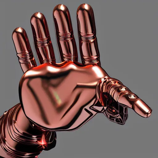 Prompt: a copper robotic hand, realistic, reflective, mechanical, 4 k, detailed