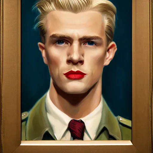 Image similar to A Hearts of Iron IV portrait of a blond young English male actor with high cheekbones. Dressed in 1940s style. Highly detailed, fine Art, high detail, great lighting, 8k resolution, masterpiece, concept art, illustration, clear eyes, painting oil on canvas, octane render, HDR, trending on artstation, 4k, 8k, HD