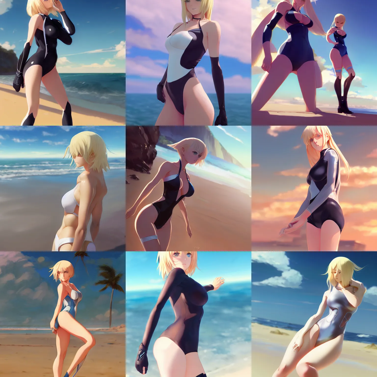 Prompt: 25 year old blonde woman on a beach in a futuristic body suit, makoto shinkai, Krenz Cushart, very detailed, matte, tone mapping, bbwchan, 4K