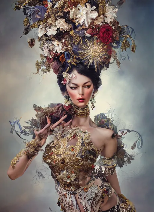 Image similar to full body photo of a female model, ornate headpiece made from flowers, ornaments, glamour shot, by karol bak, by stefan gesell, photorealistic, canon r 3, fashion photography, hyper maximalist, elegant, ornate, luxury, elite, environmental portrait, symmetrical features, octane render, unreal engine, solid dark grey background, dramatic lights