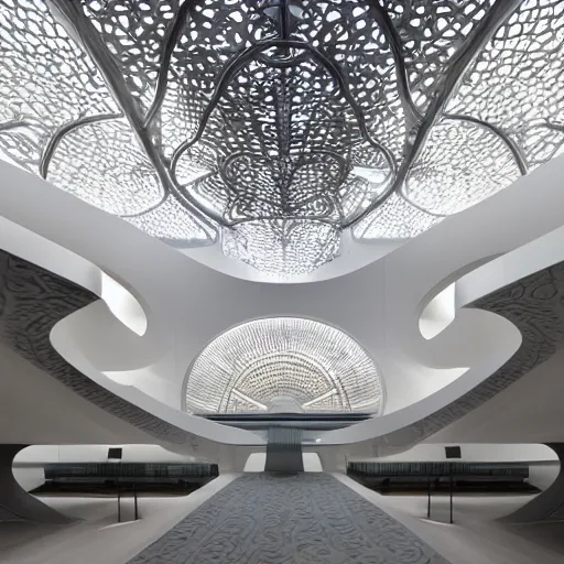 Image similar to extremely detailed ornate stunning beautiful elegant futuristic museum lobby interior by Zaha Hadid