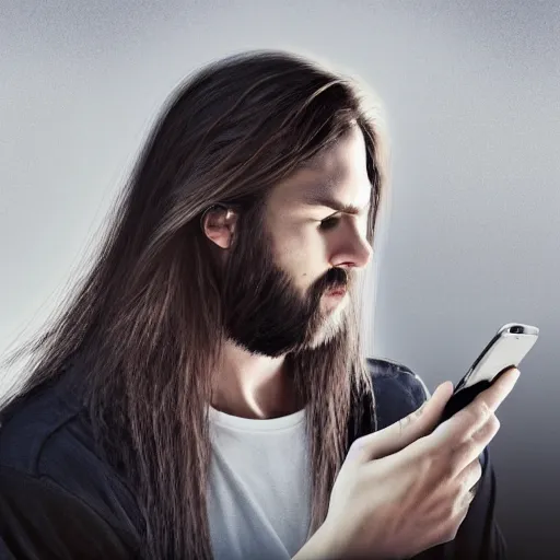 Image similar to man with long hair looking at his phone, digital art, highly detailed, high contrast, beautiful lighting, award winning, trending on art station, photorealistic, 8 k,