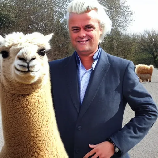 Image similar to geert wilders touching alpaca behind