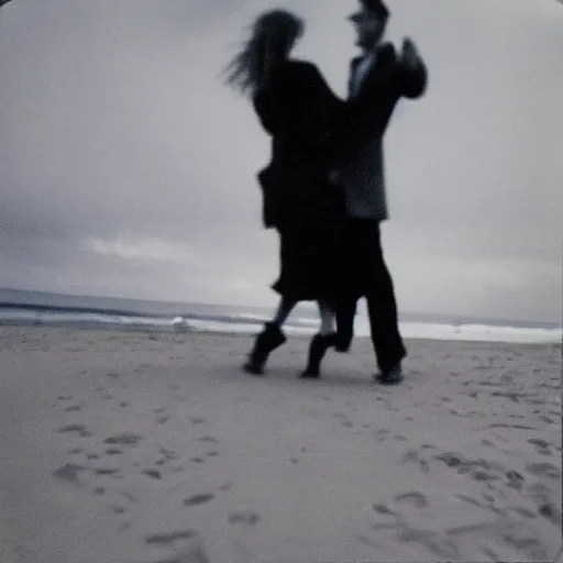 Image similar to 9 0 s polaroid photograph of a man and woman both wearing trenchcoats at night, dancing together on a beach during cloudy weather, vignette