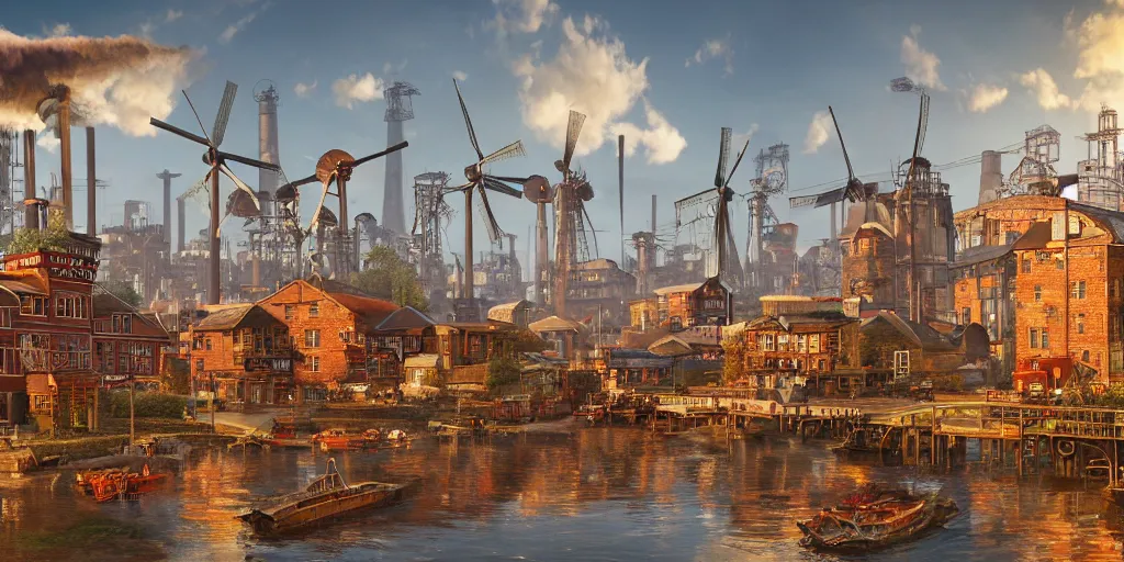 Prompt: A highly-detailed 3d digital artwork cityscape of an industrial steampunk city with windmills, tall wooden buildings, steam-powered factories, floating wooden boats, steel cars, steel steam trains, giant blimps