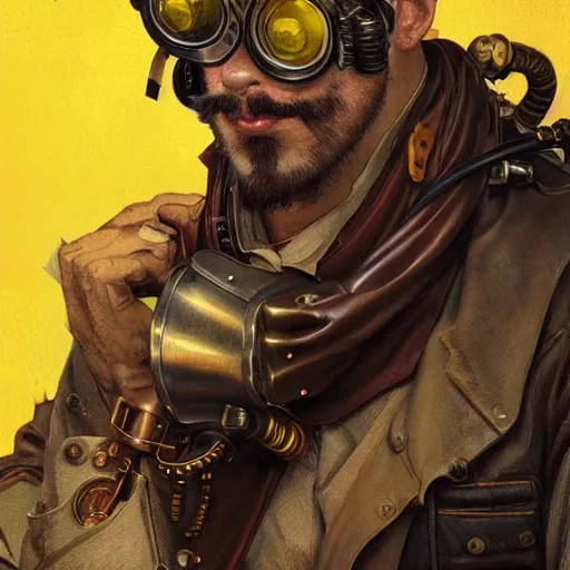 Image similar to an inventor, steampunk goggles, thin beard, messy black hair, d & d, solid yellow background, fantasy, intricate, cinematic lighting, highly detailed, digital painting, artstation, concept art, smooth, sharp focus, illustration, art by artgerm and greg rutkowski and alphonse mucha