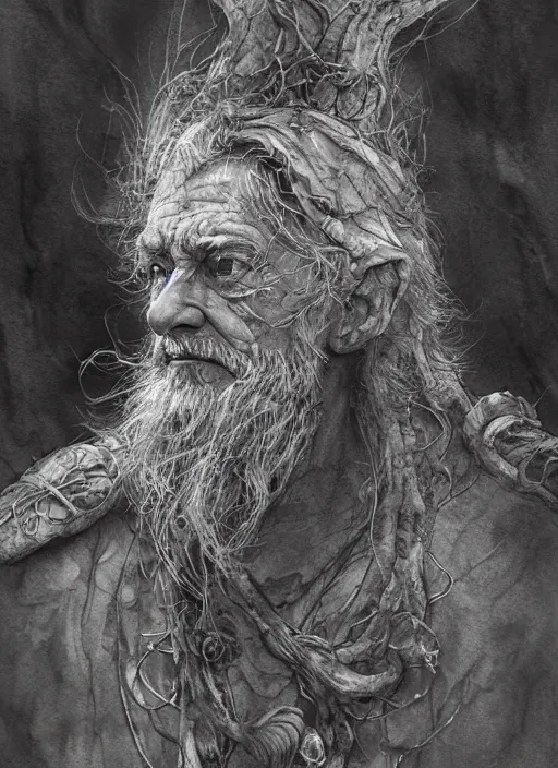 Image similar to portrait, elderly male mushroom druid, watercolor, dramatic lighting, cinematic, establishing shot, extremely high detail, foto realistic, cinematic lighting, pen and ink, intricate line drawings, by Yoshitaka Amano, Ruan Jia, Kentaro Miura, Artgerm, post processed, concept art, artstation, matte painting, style by eddie mendoza, raphael lacoste, alex ross