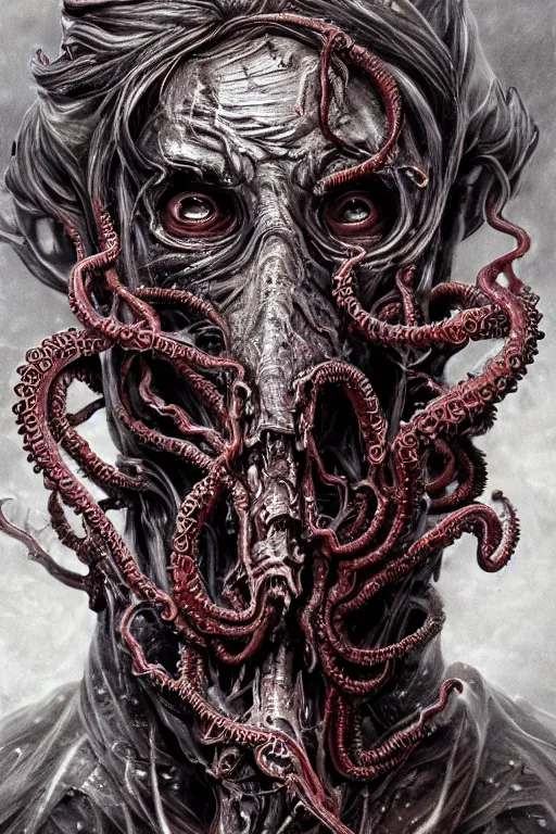 Prompt: realistic portrait of beautifully crystalized and detailed portrait of a biomech zombie with gasmask, tentacles, tendrils, eldritch, matte painting of cinematic movie scene red dragon, horror, created by gustave dore and greg rutkowski, high detailed, smooth draw, synthwave neon retro, intricate, realistic proportions, dramatic lighting, trending on artstation.