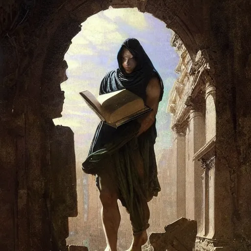 Image similar to half portait of magicus wearing a closed cowl and big old book! chained to the wrist, jeremy mann, jean - leon gerome, tiepolo, alphonse mucha, greg rutkowski, face in the shadows, ( ( ruins of ancient rome ) ), at dusk, mysterious atmosphere, sunrays, dof, high detailed, 8 k