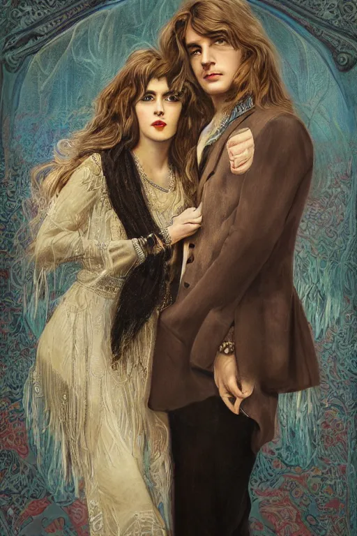 Prompt: a portrait of handsome young male 1960s rock star with long hair and his elegant beautiful 1960s bohemian wife, bored, illustration, dramatic lighting, soft details, painting oil on canvas, art nouveau, octane render, HDR, 4k, 8k, HD, by Edmund Blair Leighton, Brom, Charlie Bowater, trending on artstation, faces by Tom Bagshaw, Sargent