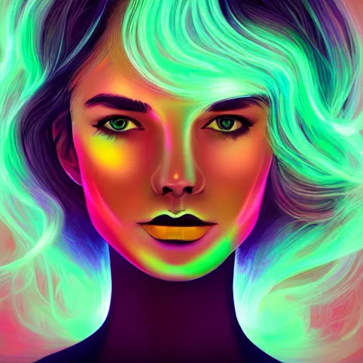 Image similar to portrait of a woman inspired by lois van baarle, iridescent, holographic, neon, natural, model, self - confidence, light make - up