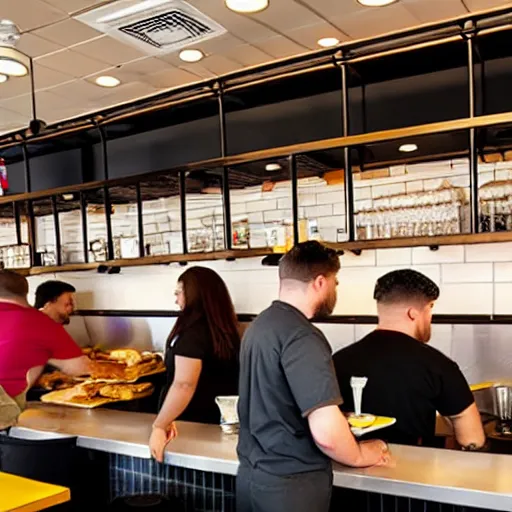 Image similar to busy wafflehouse interior with customers eating breakfast and wafflehouse employees serving food and cooking behind countertop bar that has customers sitting at